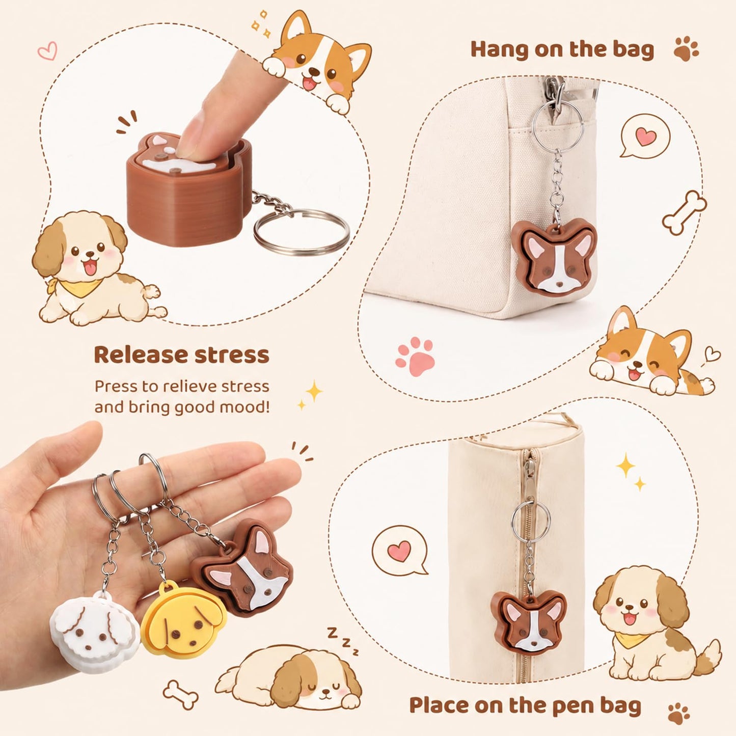 Gerrii 24 Sets Colourful Dog 3D Fidget Keychains with Inspirational Cards Bulk 3D Press Stress Relief Sensory Keychain Gifts Employee Appreciation Positive Gifts for Coworkers Teacher