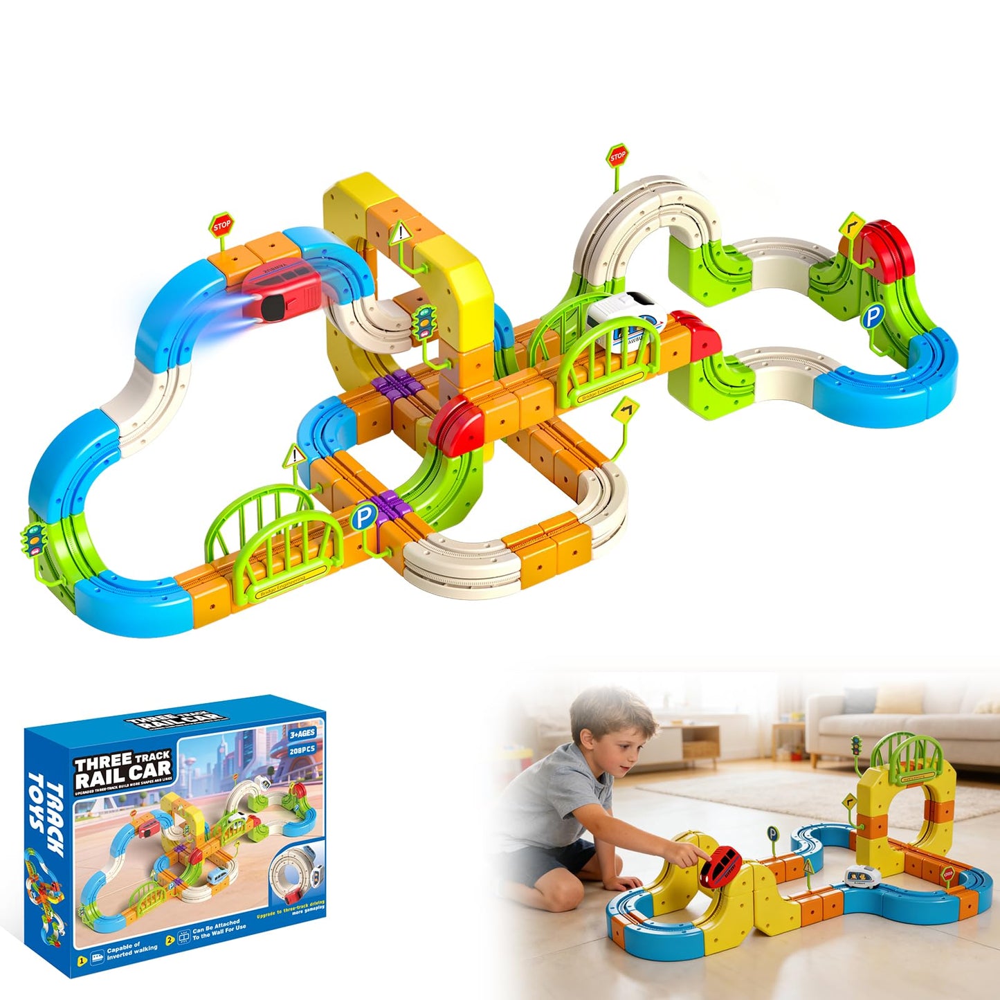Electric Train Set for Kids Ages 3-8, 208Pcs 3D Flexible Race Track Toy, Gravity-Defying 360° Loop Building Set, STEM DIY Railroad Learning Toy Gift for Toddlers Boys Girls