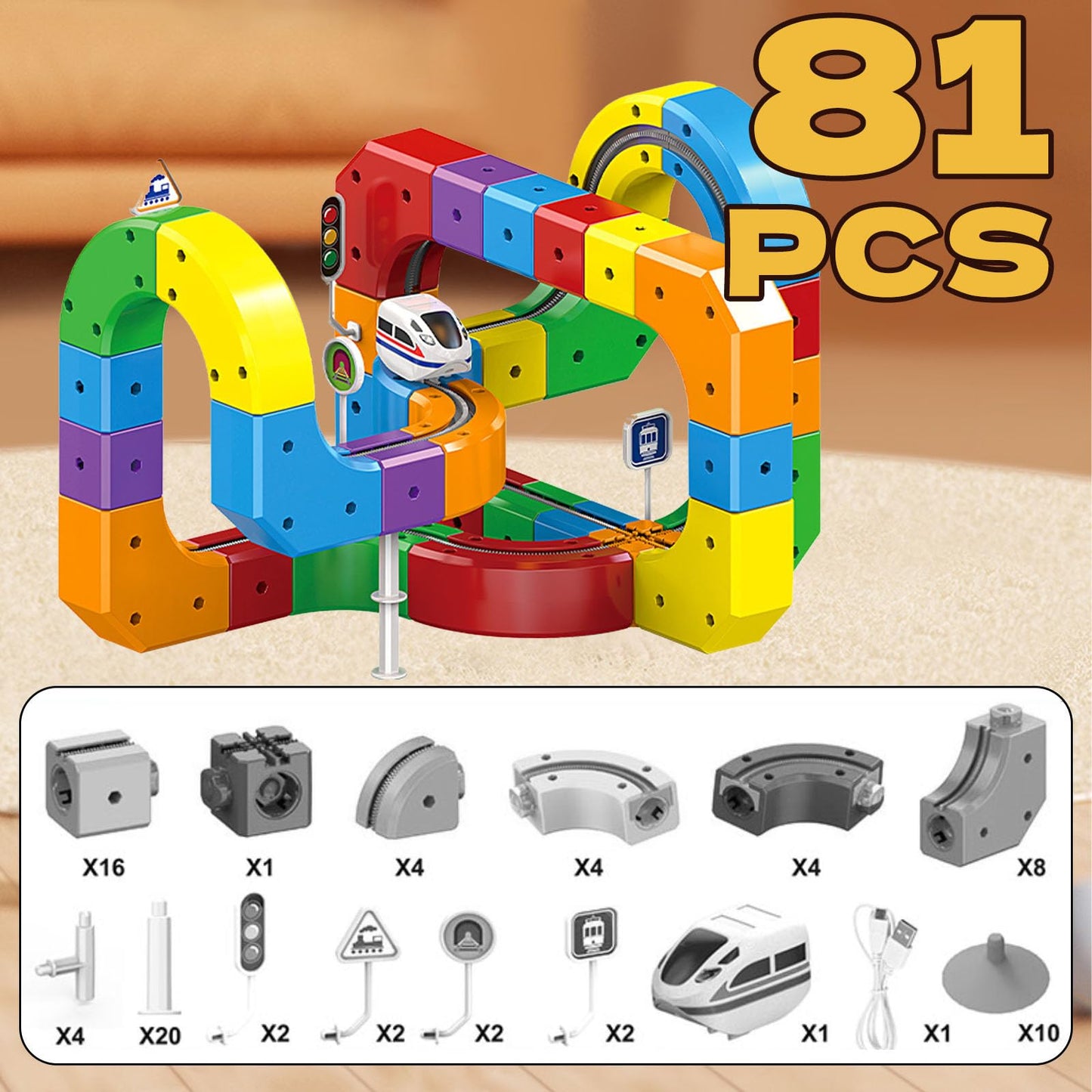 Electric Train Track Sets,DIY Race Car Track,Building Toy Train Track，Magic Cars Sets,Gravity Defying 3D Embedded Layouts & Motorized Car,for 3-8 Years Old Toddler Boys and Girls Birthday (81PCS)