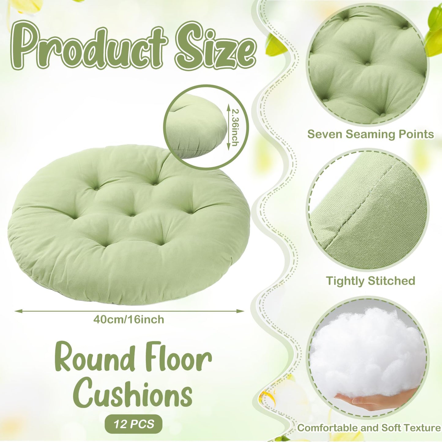Fumete 12 Pcs Round Floor Pillows Cushions Seating 16 x 16 Inches Floor Round Cushions for Kids Toddlers Flexible Reading Chair Pillows for Classroom Home School Playing Supplies(Green)
