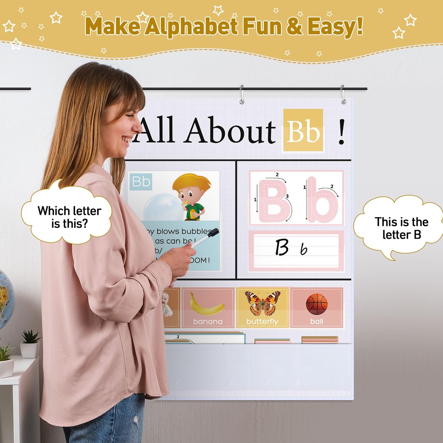 Blosssound 34 x 27 All About Letter Pocket Chart 103 ABC Flash Cards Letter of The Day Week Chart Alphabet Tracing Educational Wall Poster Teachers Homeschool Learning Activities(White)
