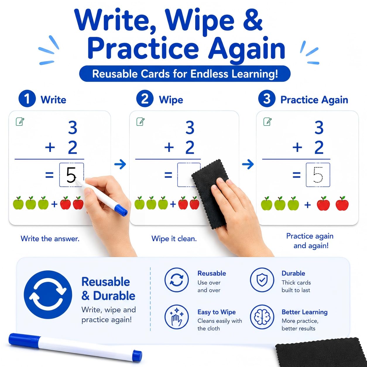 Write & Wipe Activity Cards for Kids, Reusable Tracing Flash Cards, Preschool Handwriting Practice Set, Letter Number Math Learning Activities Ages 3-6 (Addition and Subtraction)