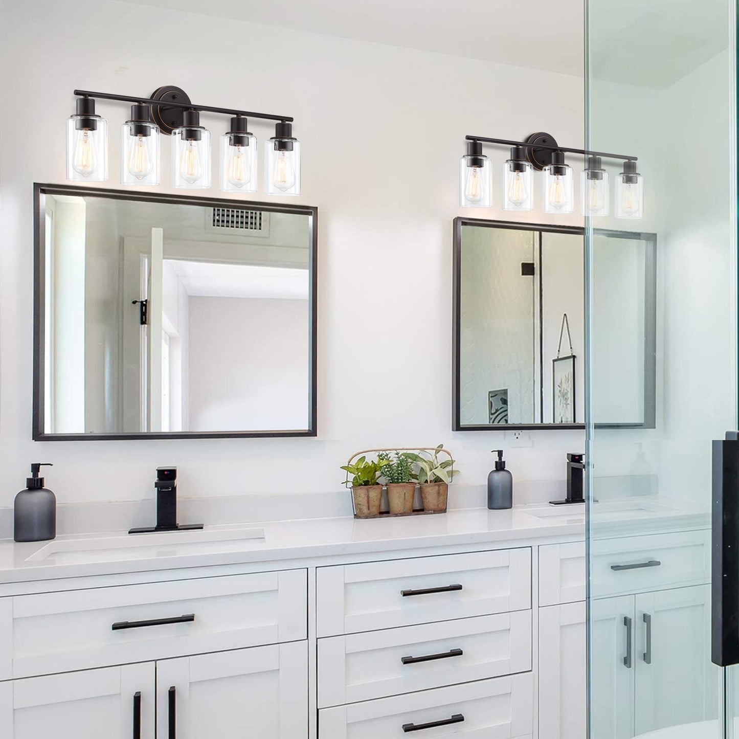Faymart Lighting 5-Light Bathroom Vanity Light - Oil Rubbed Bronze, Glass & Metal Sconce for Above Mirror or Kitchen Sink
