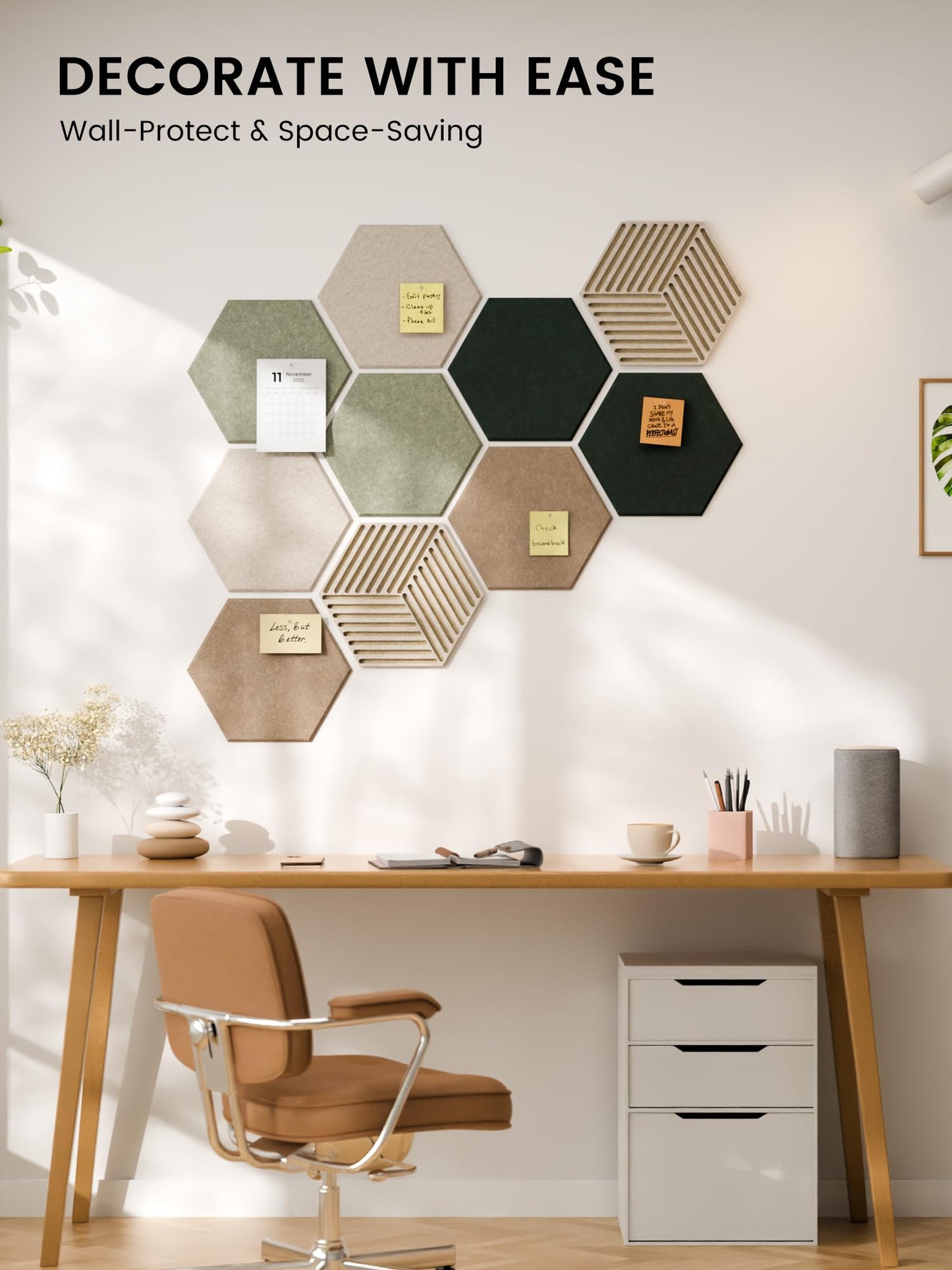 Fluxynara Hexagon Cork Board Alternative for Walls Decor-10-Pack Felt Bulletin Board Tiles,with 30 Pushpins,50 Adhesive Tabs for Office,Classrooms & Home Pin Board Felt Board-Nordic Moss