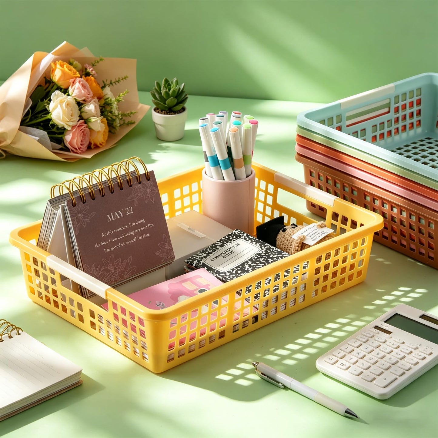 Yakydesign 6 PCS Plastic Classroom Turn in Paper Trays Storage Bin Basket Organizers Holds 4A Paper File for School Teacher Supplies Classroom Office Home Organization and Storage Tray (Boho)