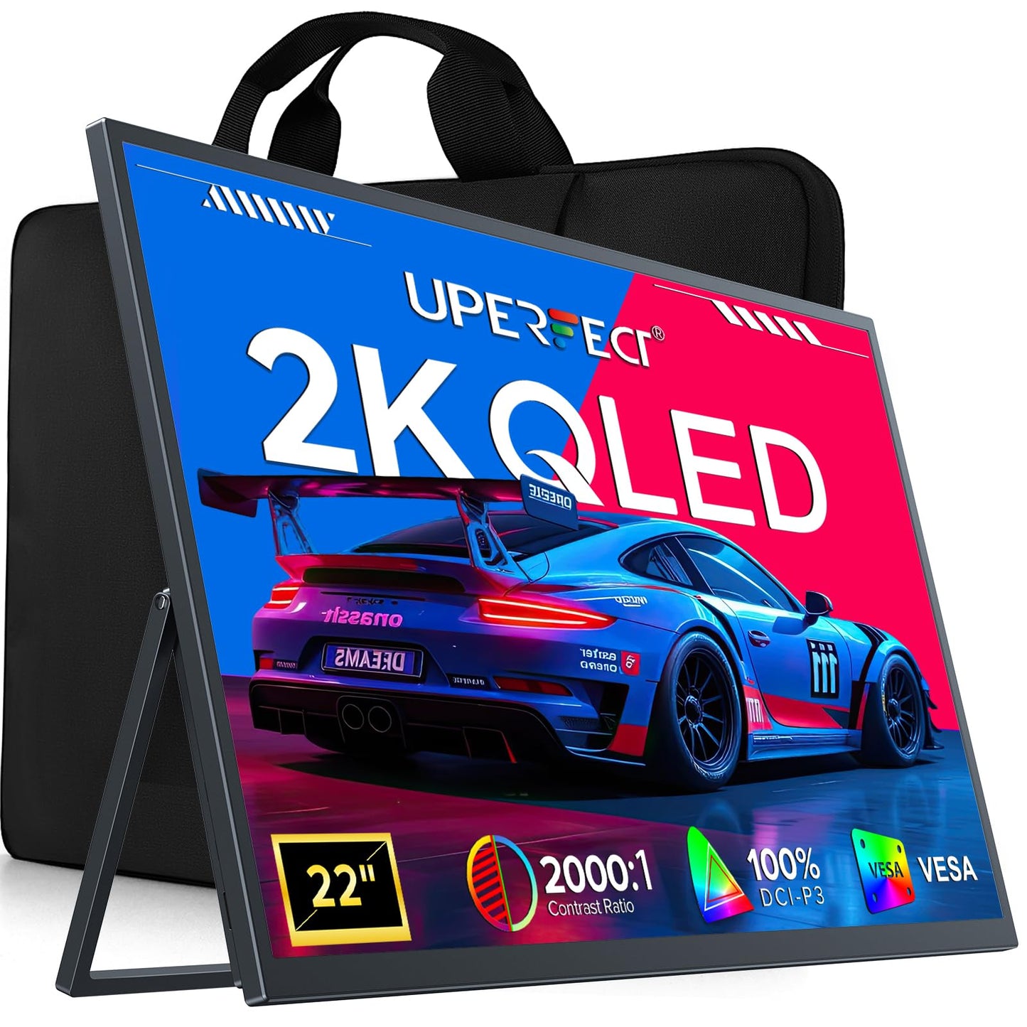 UPERFECT Portable Monitor, 22" 2K QLED 100% DCI-P3 2560×1440 QHD FreeSync HDR Laptop Monitor, w/VESA, Stand, USB-C Mini HDMI Travel Second Monitor for Computer, Phone, Mini PC, Gaming Consoles