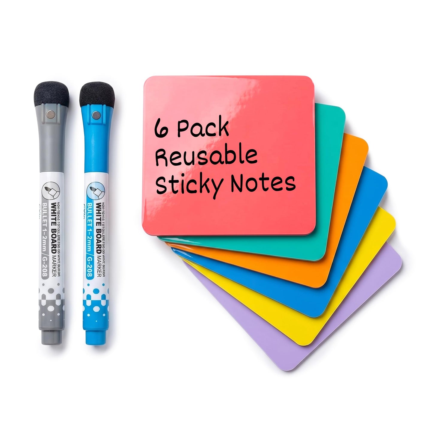 Dry Erase Sticky Notes, Reusable 6-Pack (4x4”) – Mini Whiteboard Stickers with 2 Magnetic Fine-Tip Markers – Removable, No Residue – for Fridge, Office, Classroom & Home