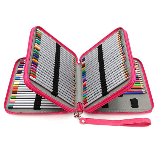 BTSKY Deluxe PU Leather Pencil Case For Colored Pencils - 120 Slot Pencil Holder with Handle Strap Handy Colored Pencil Box Large (Rose Red)