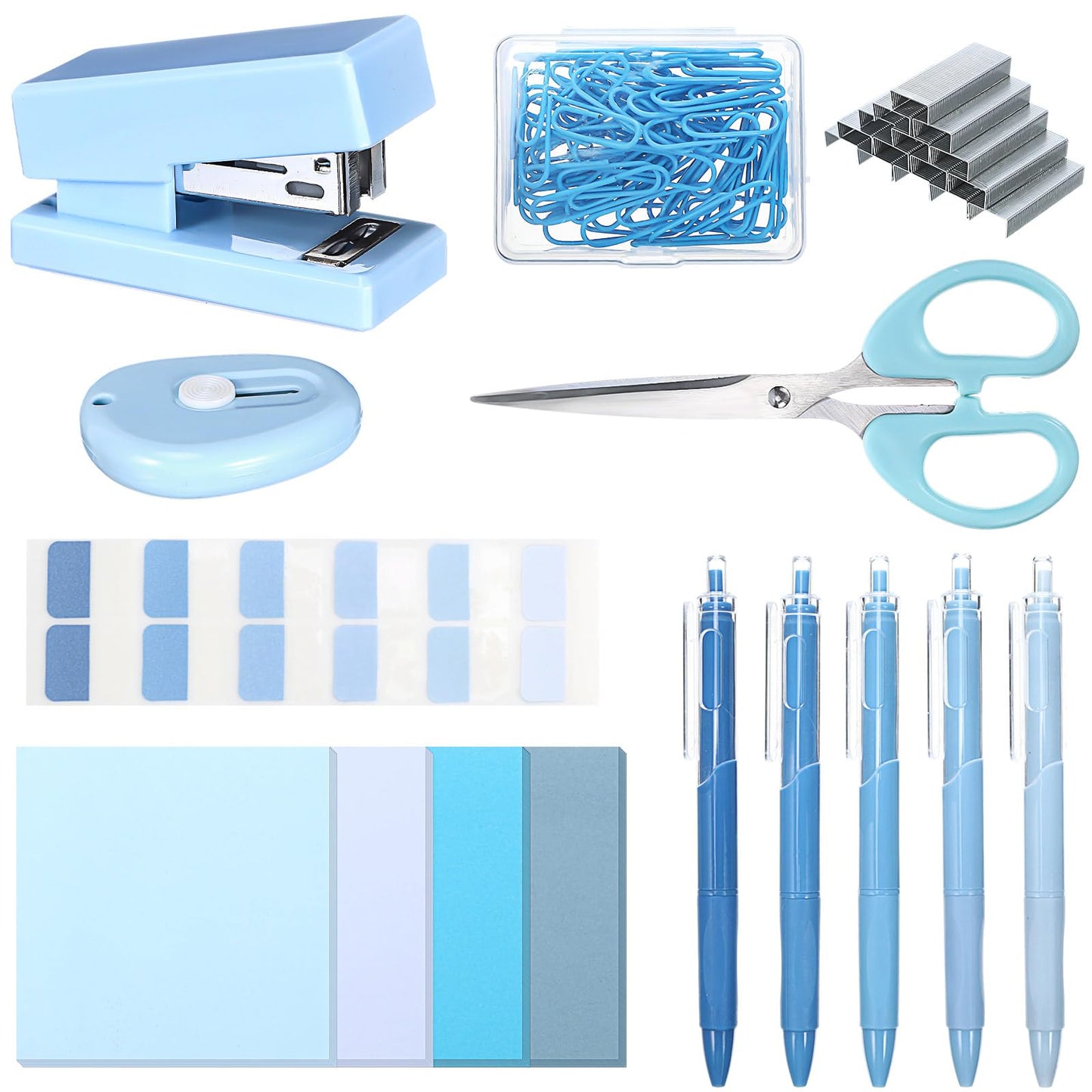 Humyoun Mini Blue Office Supplies Kit Blue School Supplies Christmas Gift Desk Accessories with Gel Pens Sticky Notes Stapler Scissor Paper Clips Index Tabs Box Cutter for Christmas Gifts Office