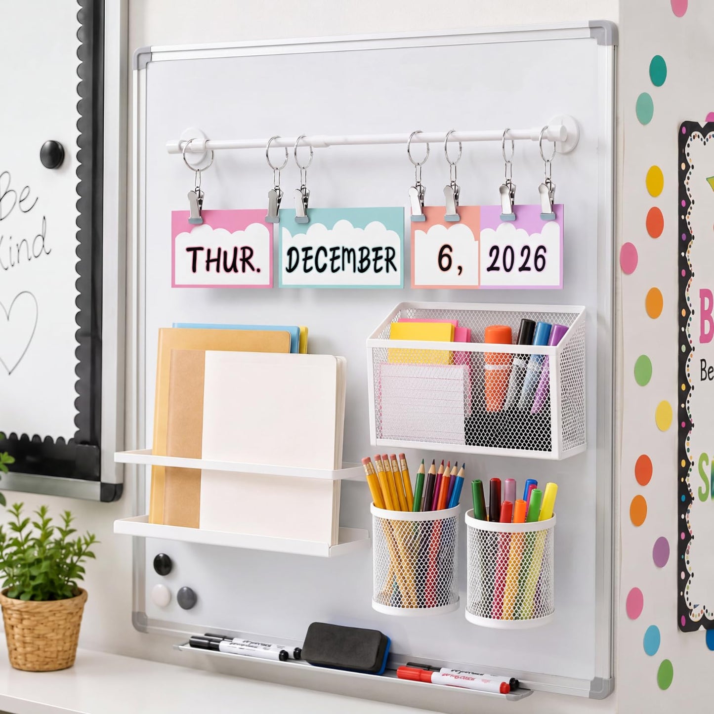 LemonSecret 5 Pcs Classroom Whiteboard White Magnetic Organizer Set with 3 Magnetic Pen Holder Calendar Holder and Book Shelf for Organizer Accessories Office Classroom Back to School Supplies