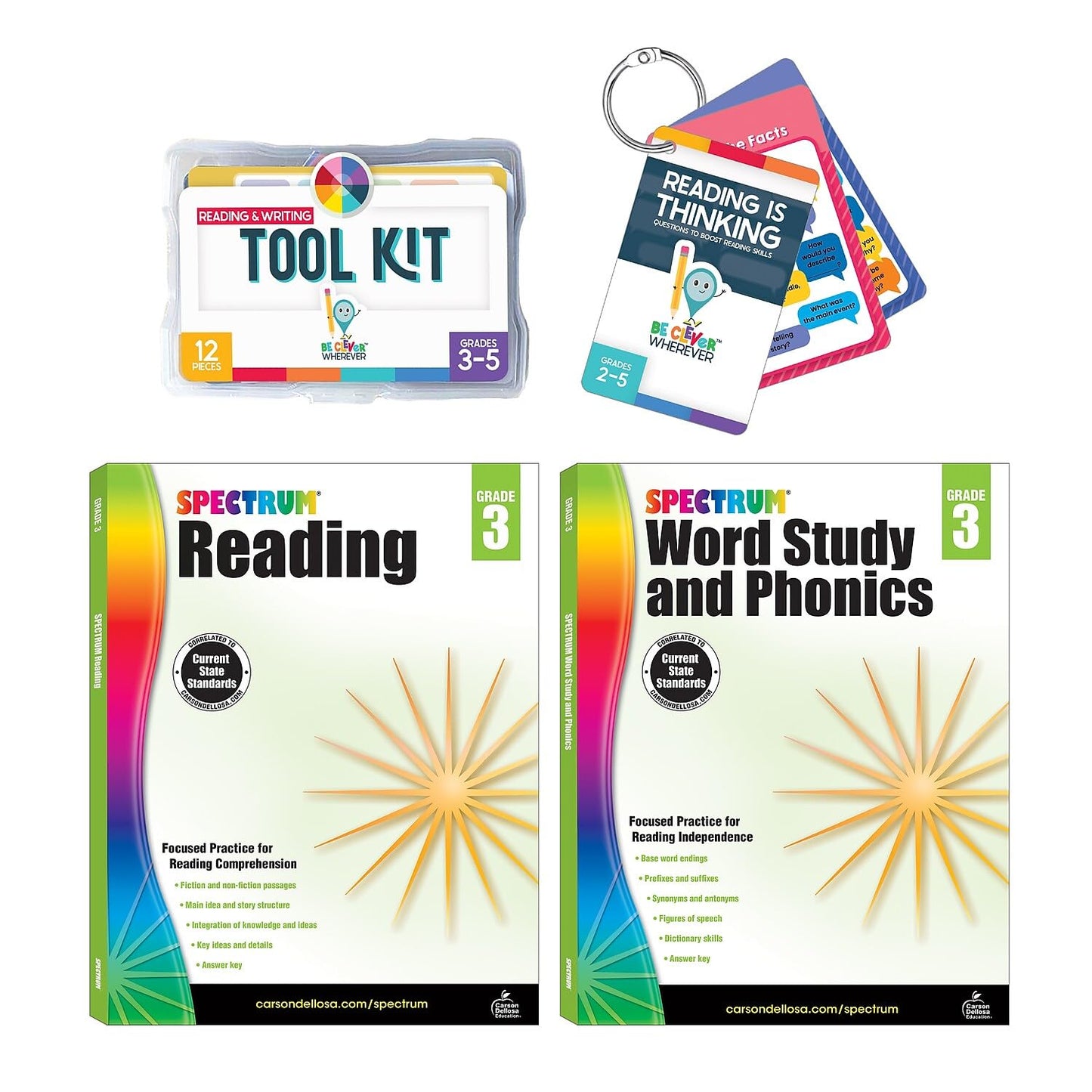 Carson Dellosa 31-Piece Reading Comprehension 3rd Grade Teaching Supplies, Spectrum Grade 3 Reading, Word Study and Phonics Workbooks, Writing Tool Kit, and Reference Flash Cards