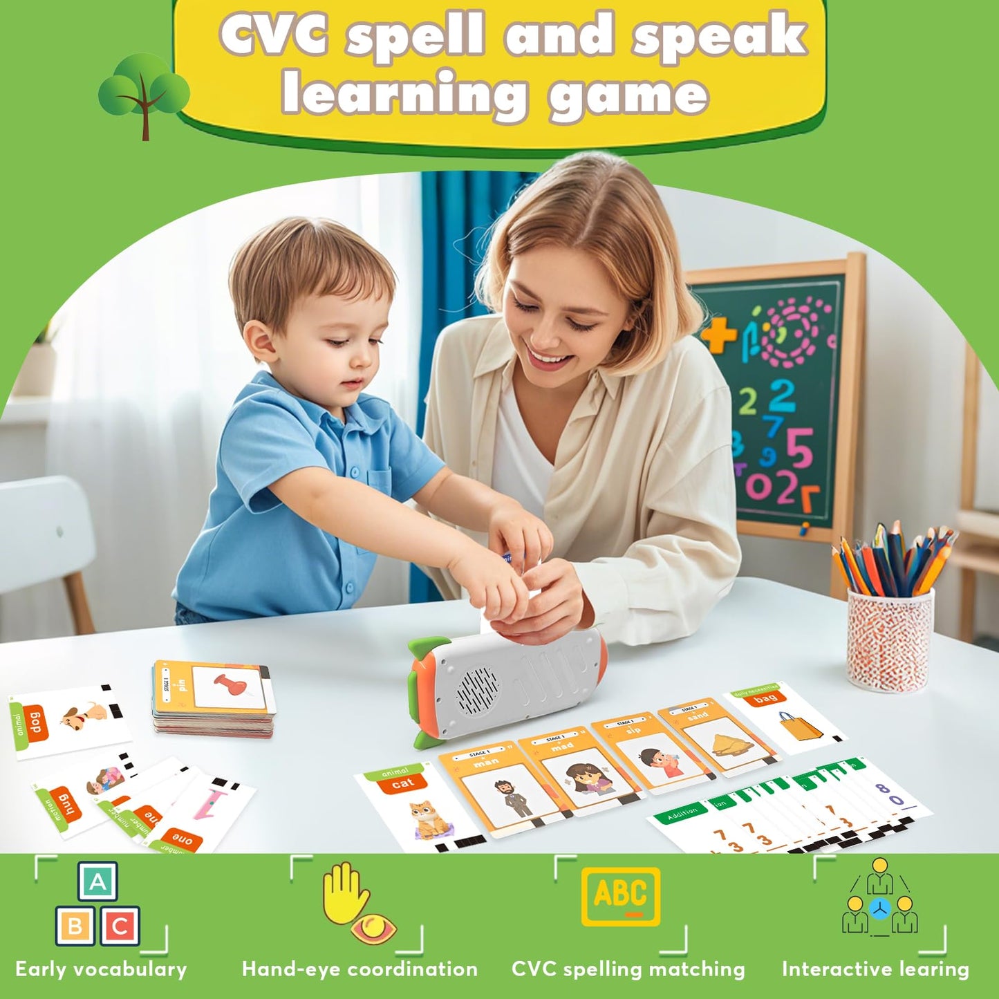 Alphabet Talking Flash Cards & Math Games for Kids 2-8, Speech Therapy Toys, ABC Learning Toys, 56 Math Flashcards & 106 CVC Word Games, Preschool Kindergarten Gifts for Boys & Girls