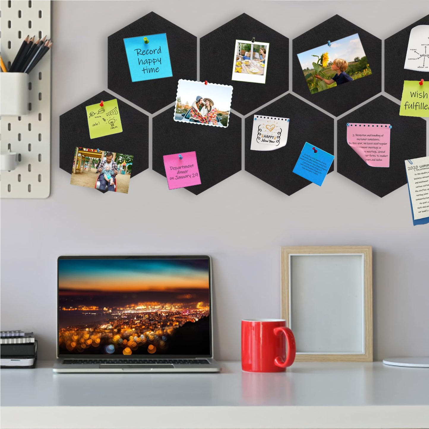 SEG Direct Hexagon Felt Cork Board Tiles, Hexagon Felt Bulletin Board Tiles Self Adhesive Picture Board, Memo Notice Tiles Pin Board for Walls Office, 11.8" x 10.2", 5PCS(Black)