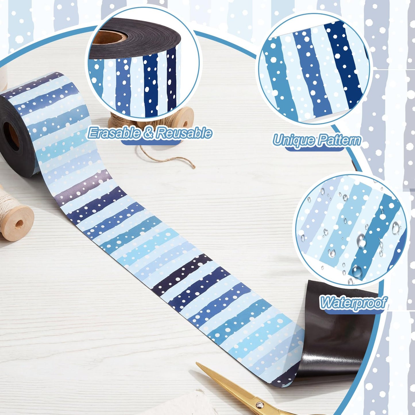 Tenceur 48 ft x 2.76 Inch Magnetic Borders for Whiteboard Decoration, Blue Polka Dots Stripes Magnetic Bulletin Board Border Set for Summer Classroom Office Chalkboard Poster Board Decor