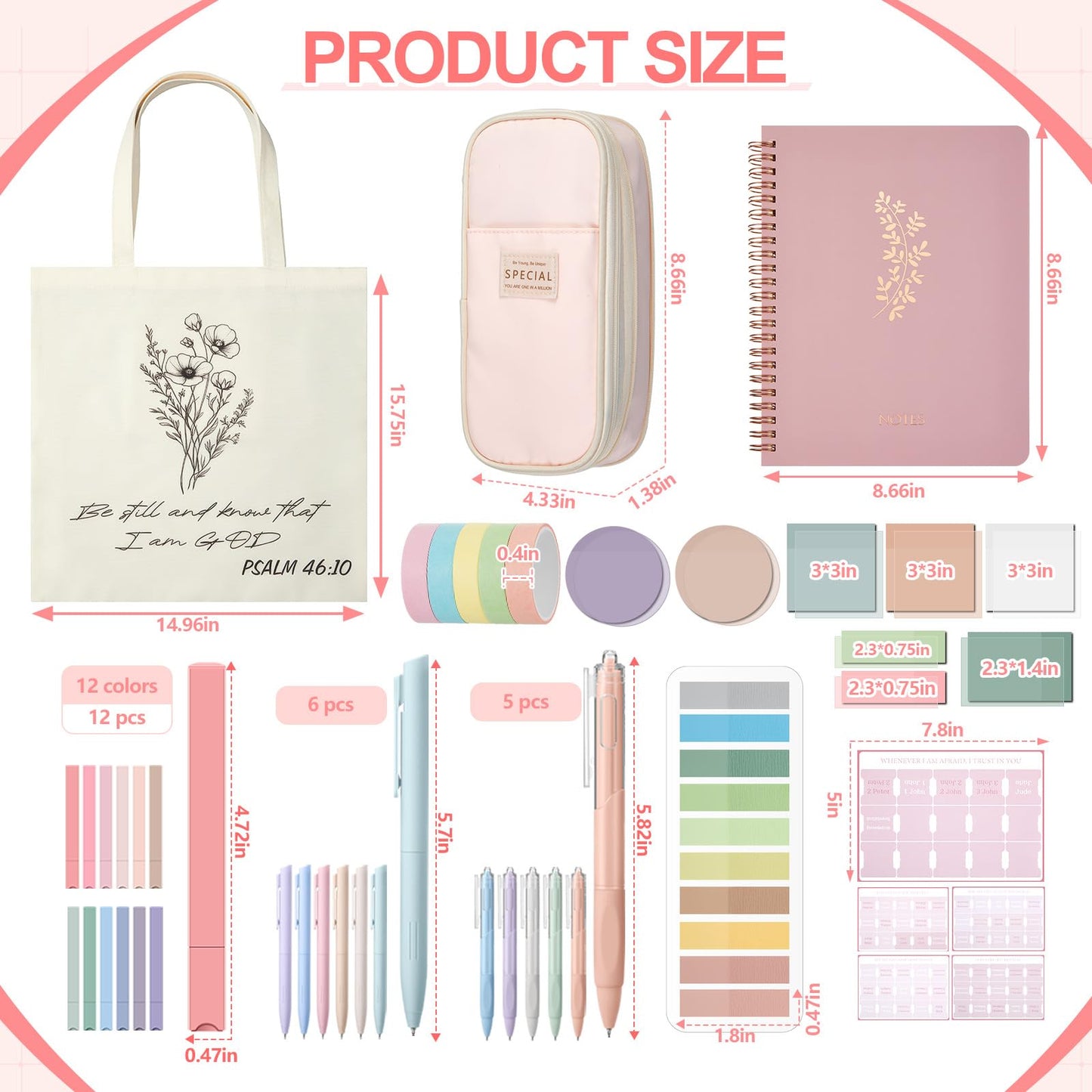 Jutom 110 Pcs Bible Study Supplies Bible Journaling Kit with Canvas Tote Bag Pen Case Notebook Highlighters Pen Sticky Note Tabs Page Markers Stickers Tape for Women Christian Christmas Gift(Pink)