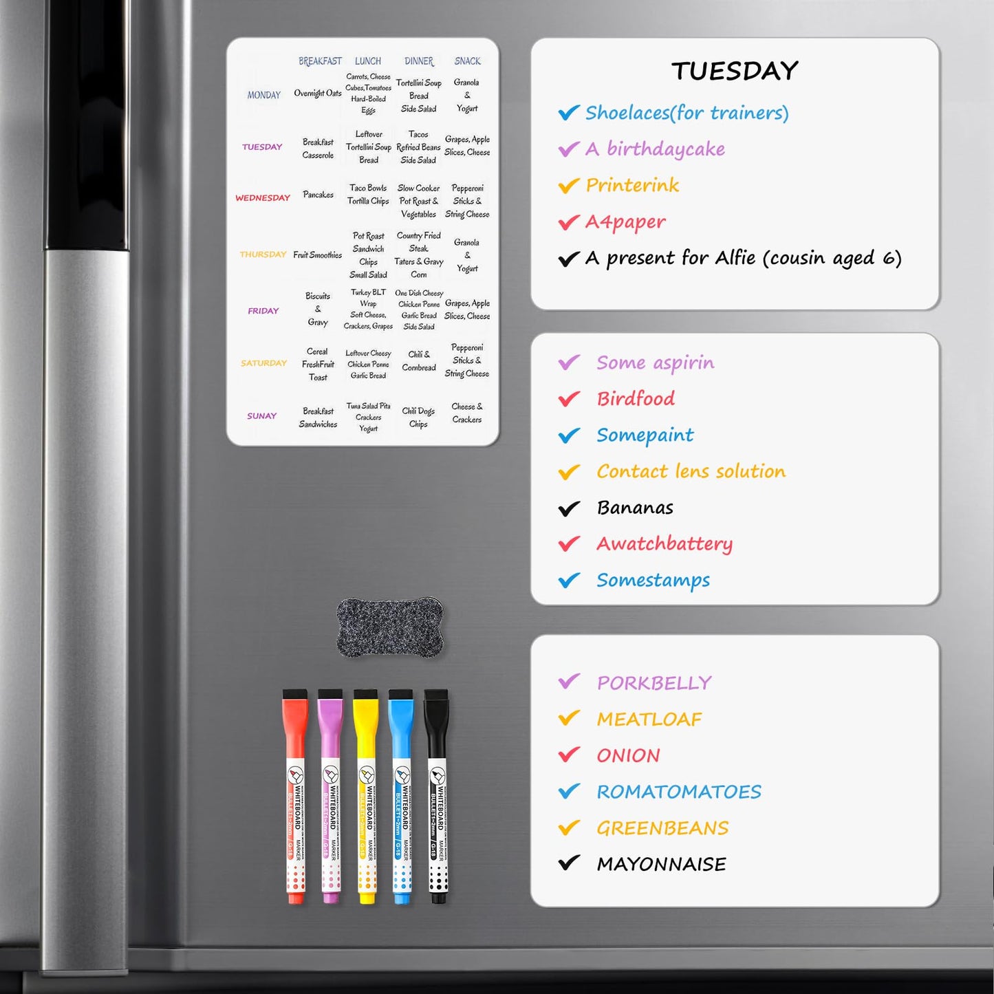 Magnetic Whiteboard for Fridge, 4-Pack Dry Erase Boards (12×8 in) with 5 Markers & Eraser, Strong Magnet & Stain-Resistant Surface, Reusable Message Board for Fridge, Family Planner & Kitchen Notes