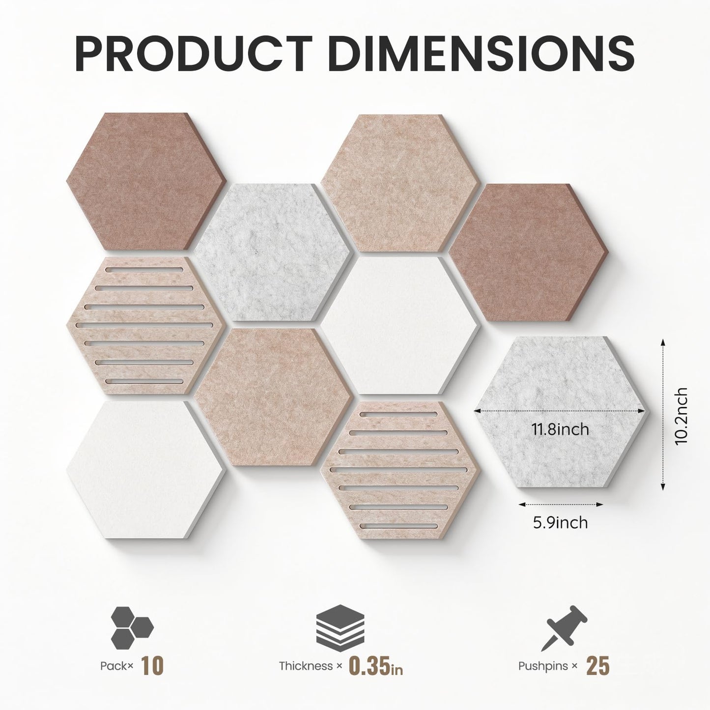 Hexagon Cork Bulletin Board Tiles, 10 Pack Felt Board with 25 Push Pins, Photo Display Board for Office & Home Classroom Wall Decor, 11.8x10.2 Inches