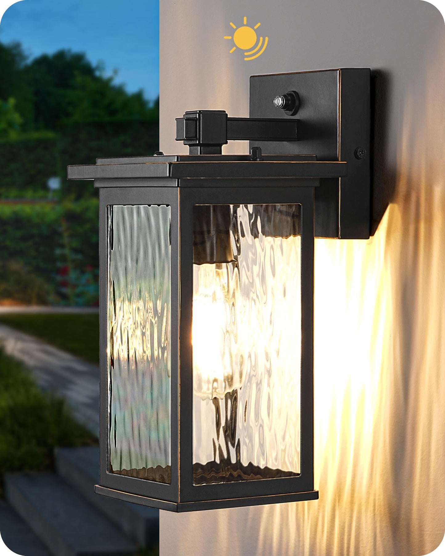 EDISHINE Outdoor Wall Light, Modern Dusk to Dawn Fixture, Aluminum, Black, Clear Water Ripple Glass, Model HOWL06T