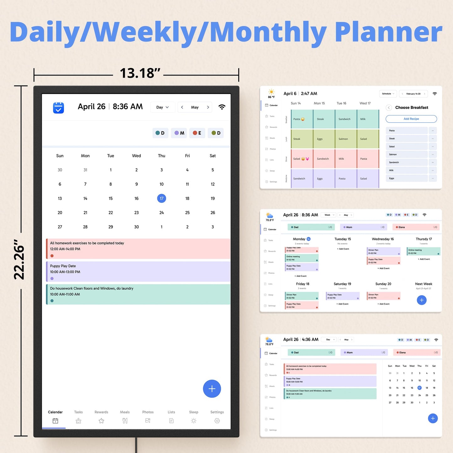 Digital Calendar 24 Inch Touch Screen, Electronic Wall Calendar Chore Chart for Family Monthly/Weekly Planner, Interactive Display Smart Calendar for Home Organization, Desk Mount Included - Black