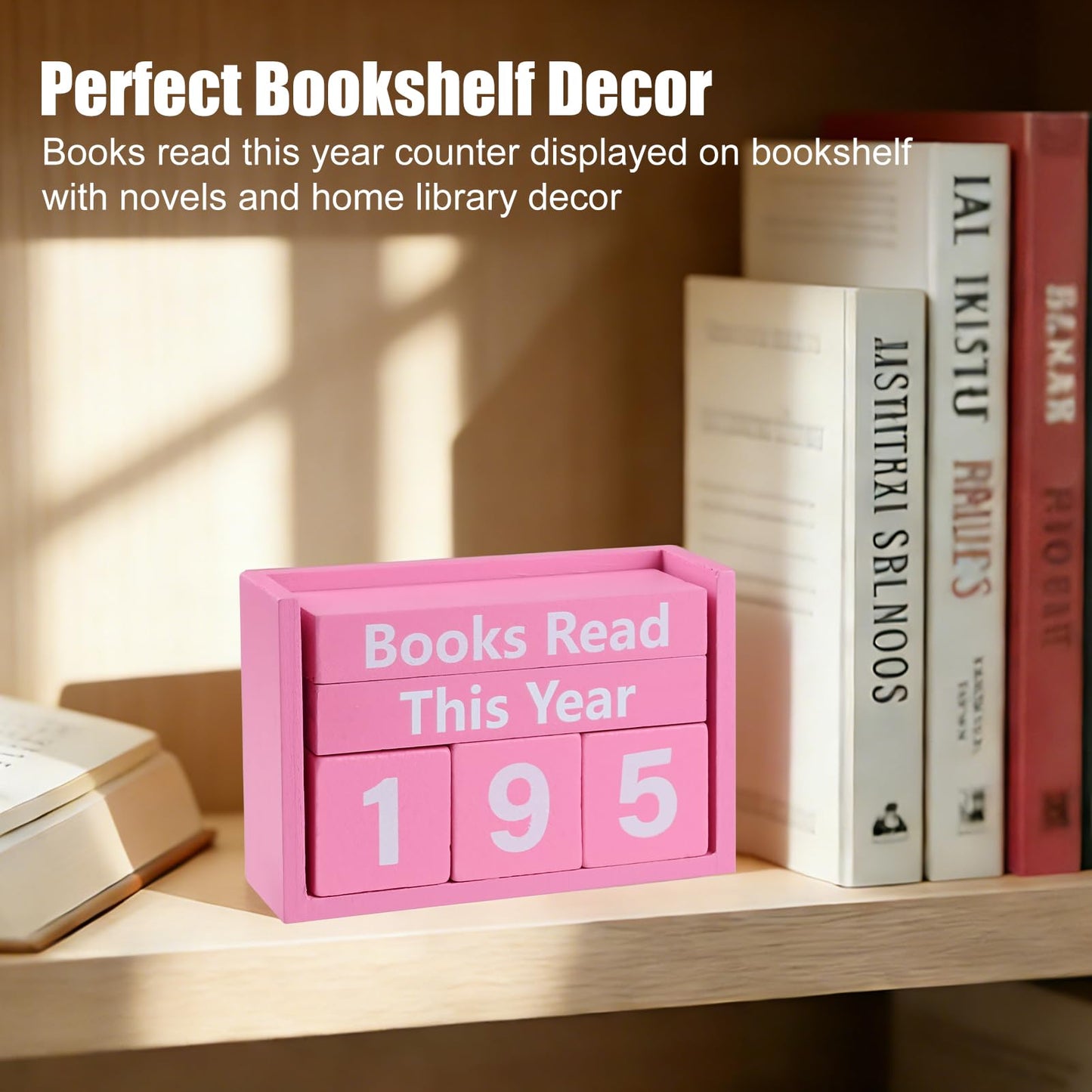 Books Read This Year Counter - Wooden Reading Tracker Block, Adjustable Book Count Display, Pink Book Lover Decor for Bookshelf Desk Library Reading Goals Gift (Pink)