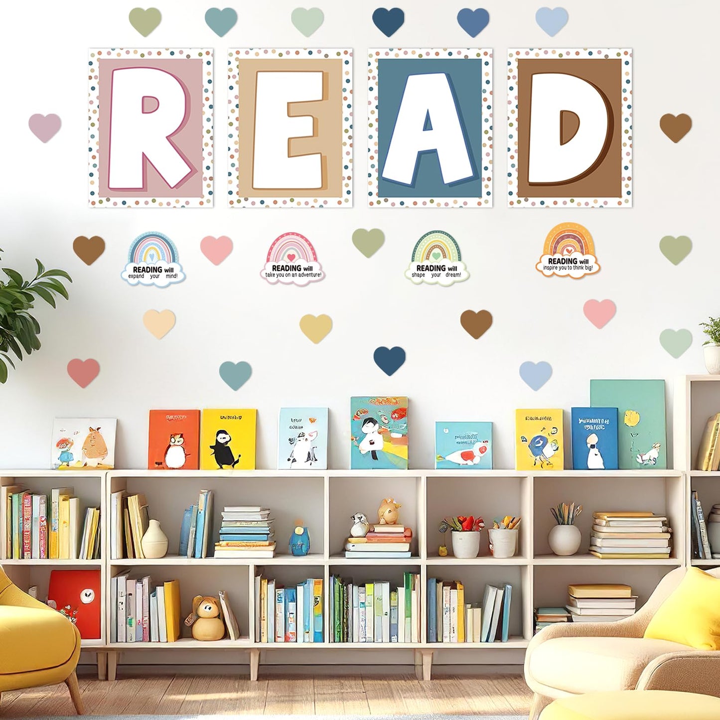 32Pcs Boho Classroom Decor Boho Reading Posters with READ Sign Rainbow Love Heart Bulletin Board Decorations Reading Corner Decor for Classroom Wall Door Kindergarten Elementary and Middle School