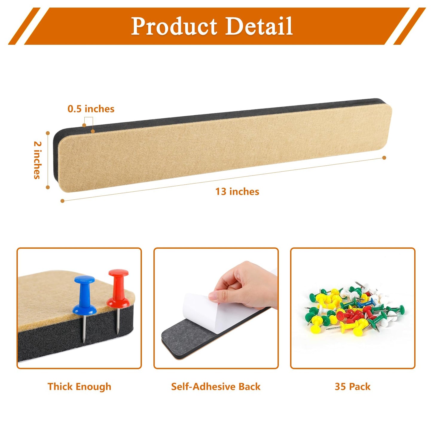 HULAVO 8Pcs Rectangle Felt Cork Board Bar Strips with 35 Pushpins, Self-Adhesive Bulletin Board Strips for Office School Home Wall Decor Stickers Memos Schedules Photos Display -Gradual Green