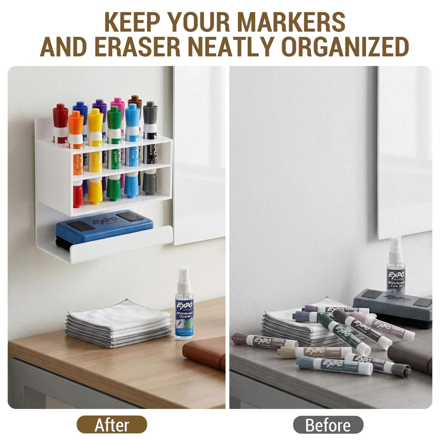 MyGift Dry Erase Marker Holder 10 Slots Whiteboard Marker Holder For Wall Dry Erase Eraser Holder Wall Mount White