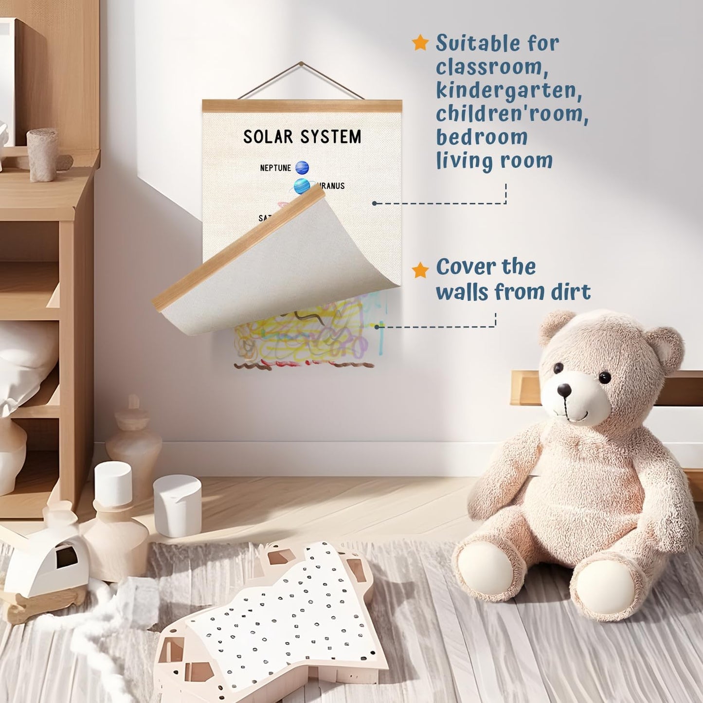 ZTGDA Solar System Poster Wall Art, Solar System Wall Decor Wood Hanger, Space Classroom Decor, Outer Space Planets Poster for Boys and Girls Nursery, Bedroom, Playroom, Toddler,or Kids Room Decor