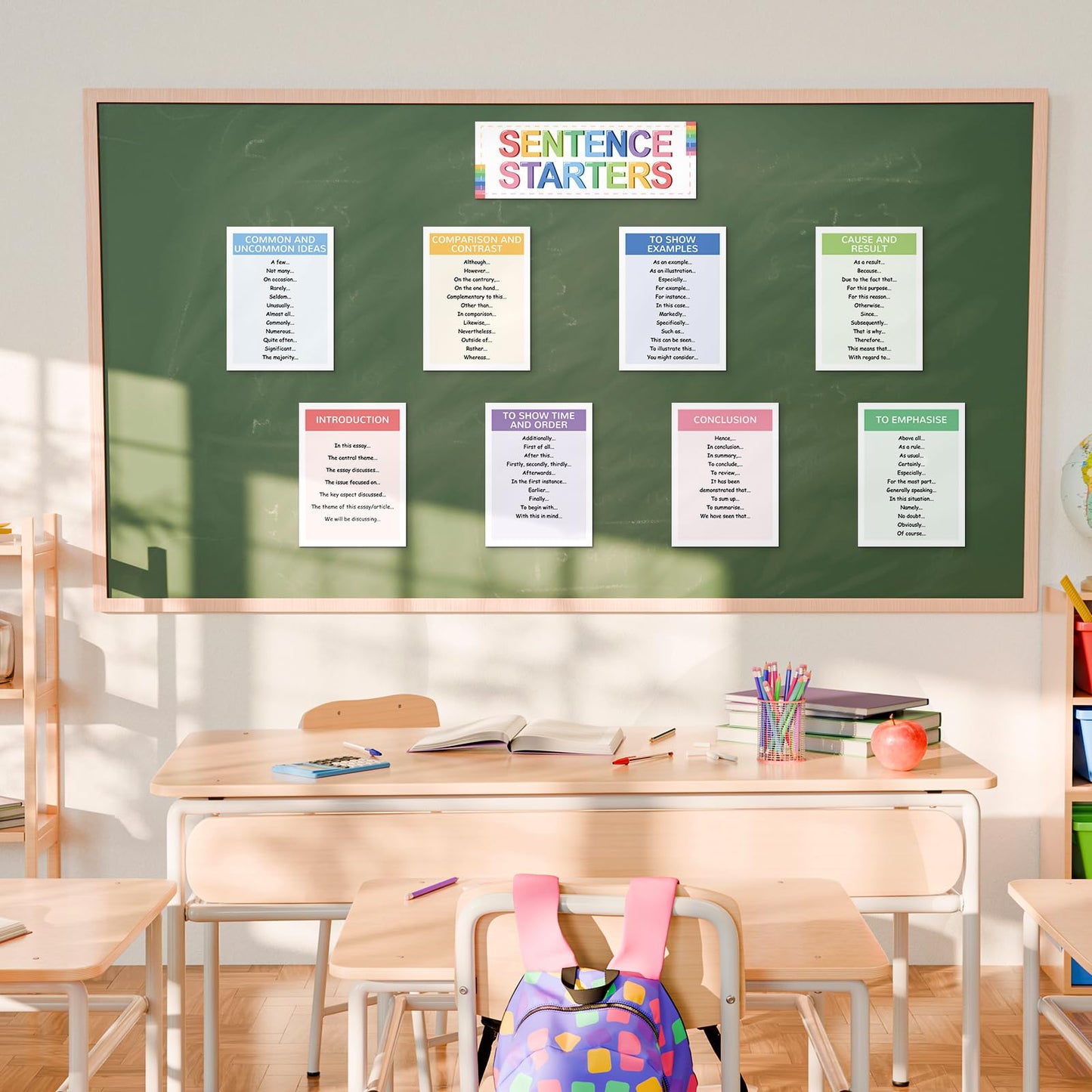 Dunzoom 9 Pieces Sentence Starters Posters Descriptive Vocabulary Classroom Educational Posters English Grammar Chart Bulletin Board Decoration for Middle High School Classroom(Classic Style)