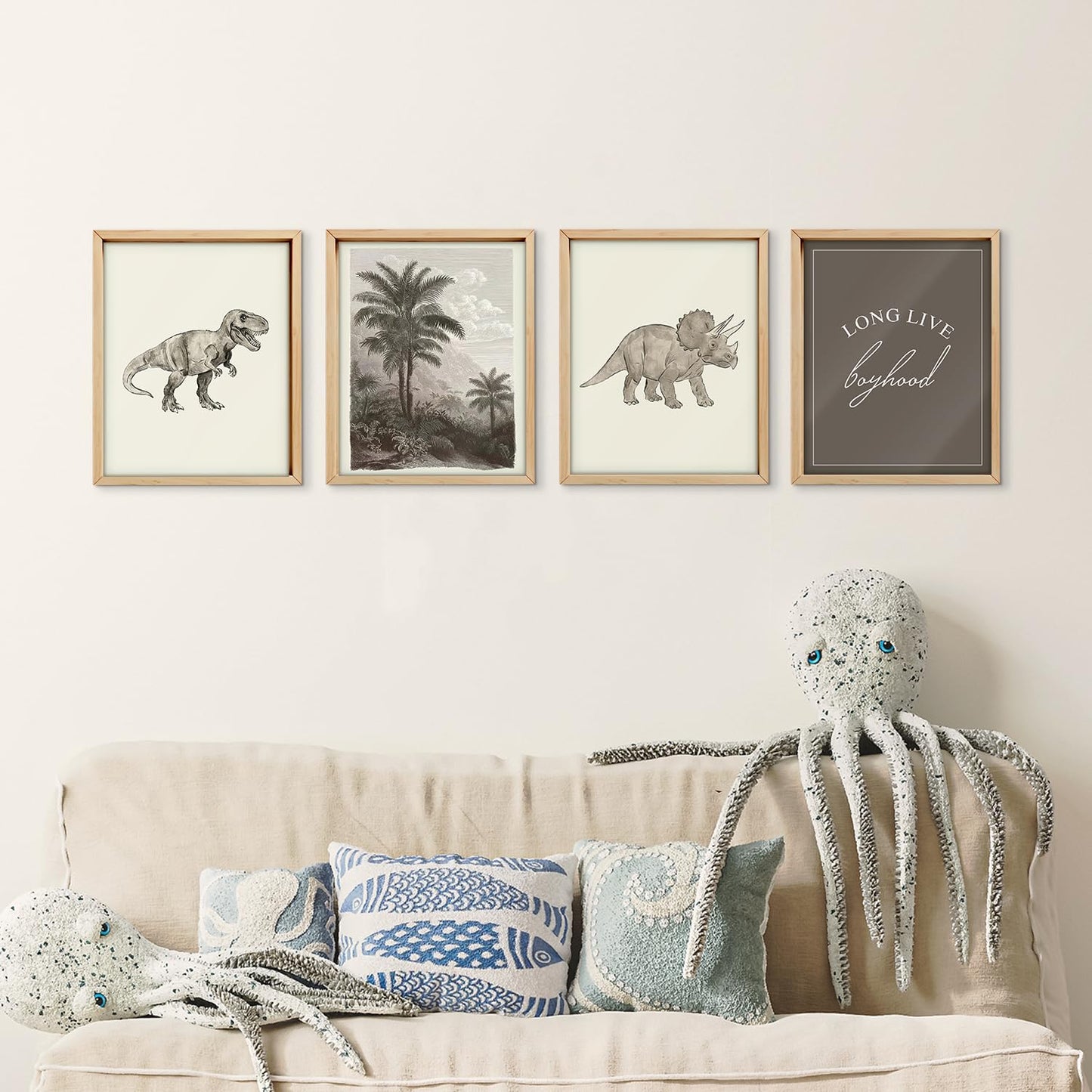 VONTP Retro Dinosaur Wall Art Decor, Long Live Boyhood, Dinosaur Nursery Decor for Boys Bedroom Living Room Dorm Toddler Decorations Teen Boy Kid Wall Decor, 8x10 Inch Set of 4 (Unframed)