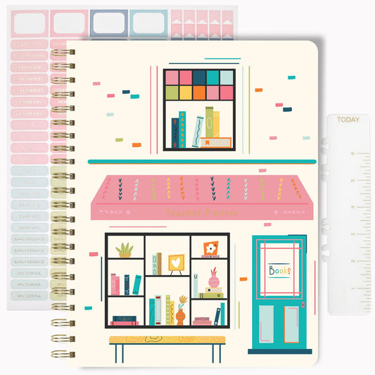 Undated Teacher Planner 8.5 x 11-12 Months & 52 Weeks | Colorful Bookstore Cover | Monthly & Weekly Lesson Plan Book with Stickers, Storage Pocket & Snap-In Bookmark | Classroom Organizer
