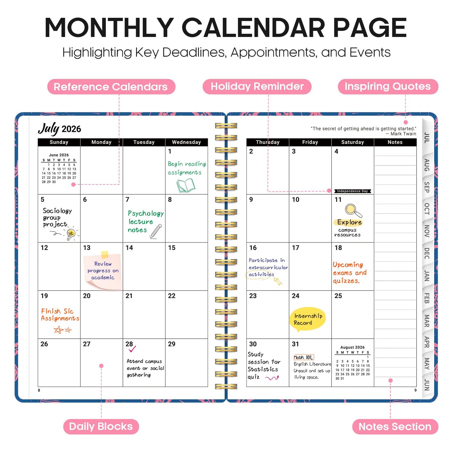 Planner 2026–2027, Weekly & Monthly Academic Organizer for School Year, Jul 2026–Jun 2027, Hardcover Planner with Tabs, Back to School Essential, 6.3" x 8.5", Coastal Whispers
