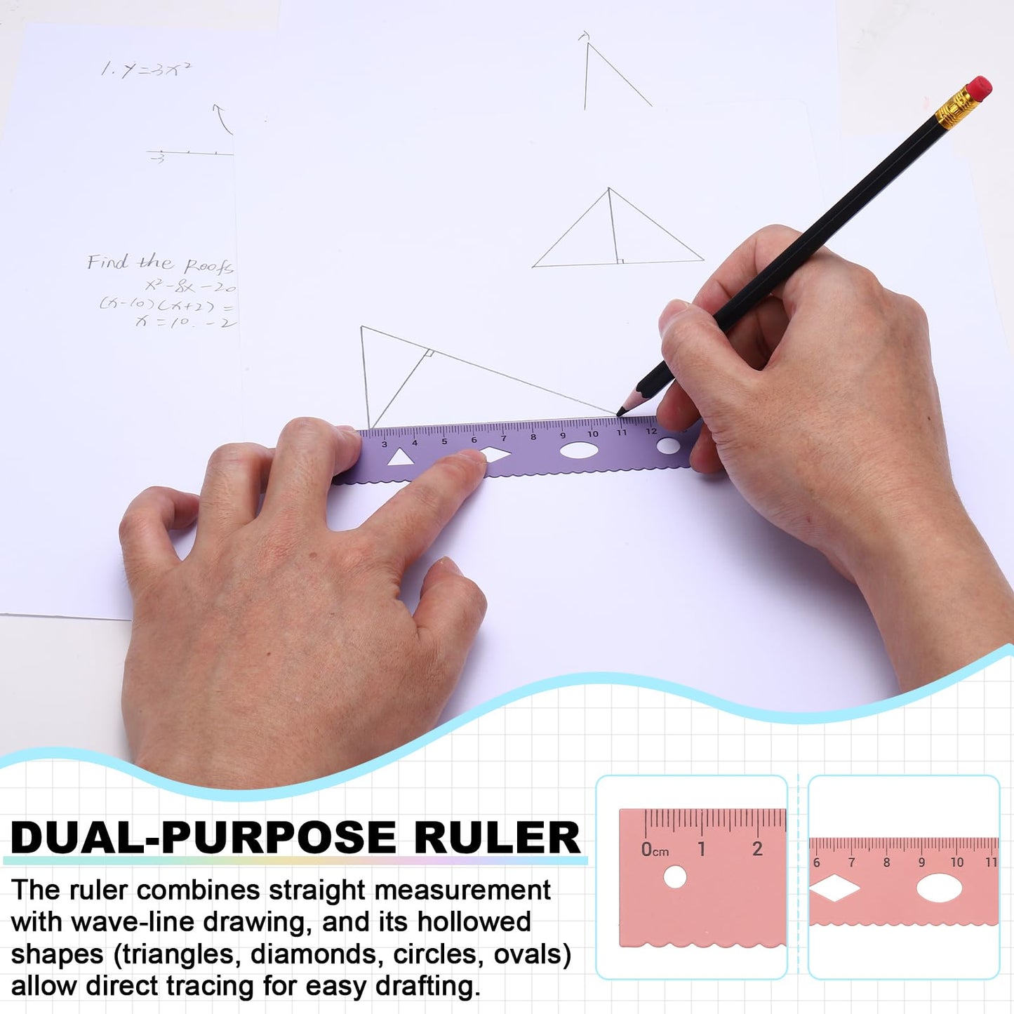PATIKIL Geometry Set, 2 Pack 8 Inch Aluminum Ruler & 4 Triangles, Metal Protractor Ruler Math Drafting Measuring Tool for Home Office Math Drawing Engineering Art,Gradient Pink