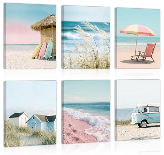 CHDITB Coastal Beach Pastel Framed Canvas Wall Art, Ocean Summer Scenery Artwork, Boho Seaside Cottage Wall Decor, Pink Sand Wave Beach Hut Art Prints For Living Room Bedroom Decor 8”x10”x6