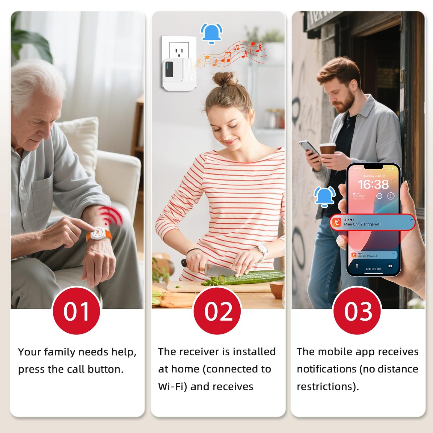 CallToU Wi-Fi Wireless Caregiver Pager Call Button for Elderly at Home , APP Emergency Alert for Seniors, Patients, and the Disabled with 1 Call Button, 1 Watch Button, 1 Receiver (2.4GHz Wi-Fi)
