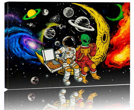 16x24 Space Astronaut Alien Pizza Party Canvas Wall Art Black Cosmic Prints Moon Planet Poster Home Framed Decor Kids Bedroom Fantasy Painting Teen Boy Room Funny Gift Picture Child Study Room Photo