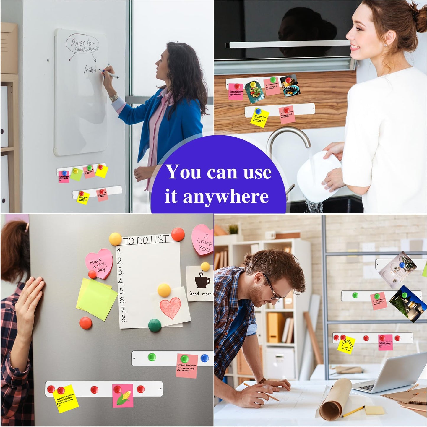Outus 6 Pcs 15" x 2" Magnetic Wall Strips, Magnetic Bulletin Board Strip Set with 48 Pcs Colorful Magnets, Metal Display Board for Office Home Notes Photos(White)