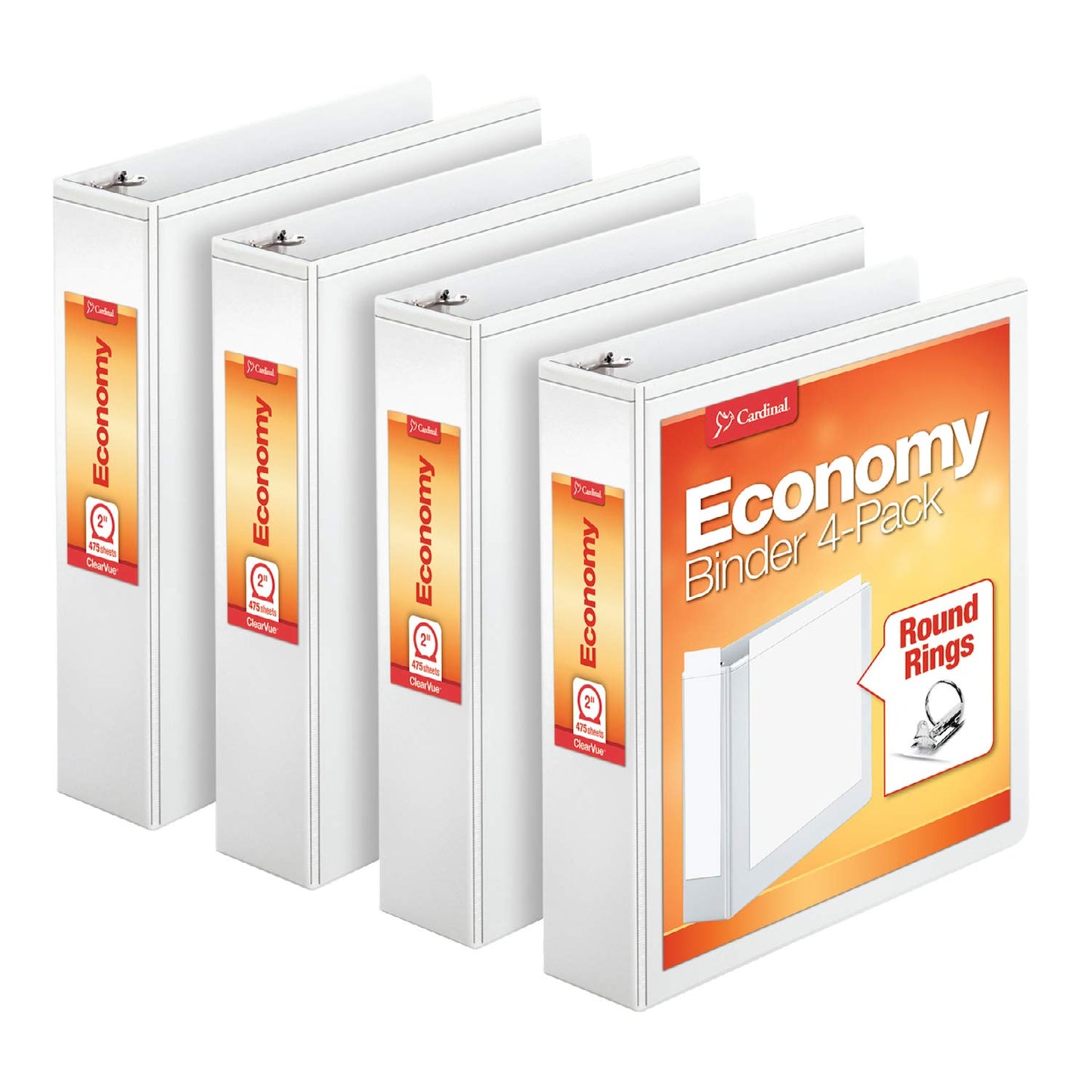 Cardinal Economy 3 Ring Binder, 2 Inch, Presentation View, White & Cardinal 1.5 Inch 3 Ring Binder, Round Ring, White, 4 Pack & Cardinal Economy 3 Ring Binder, 1 Inch, Presentation View, White