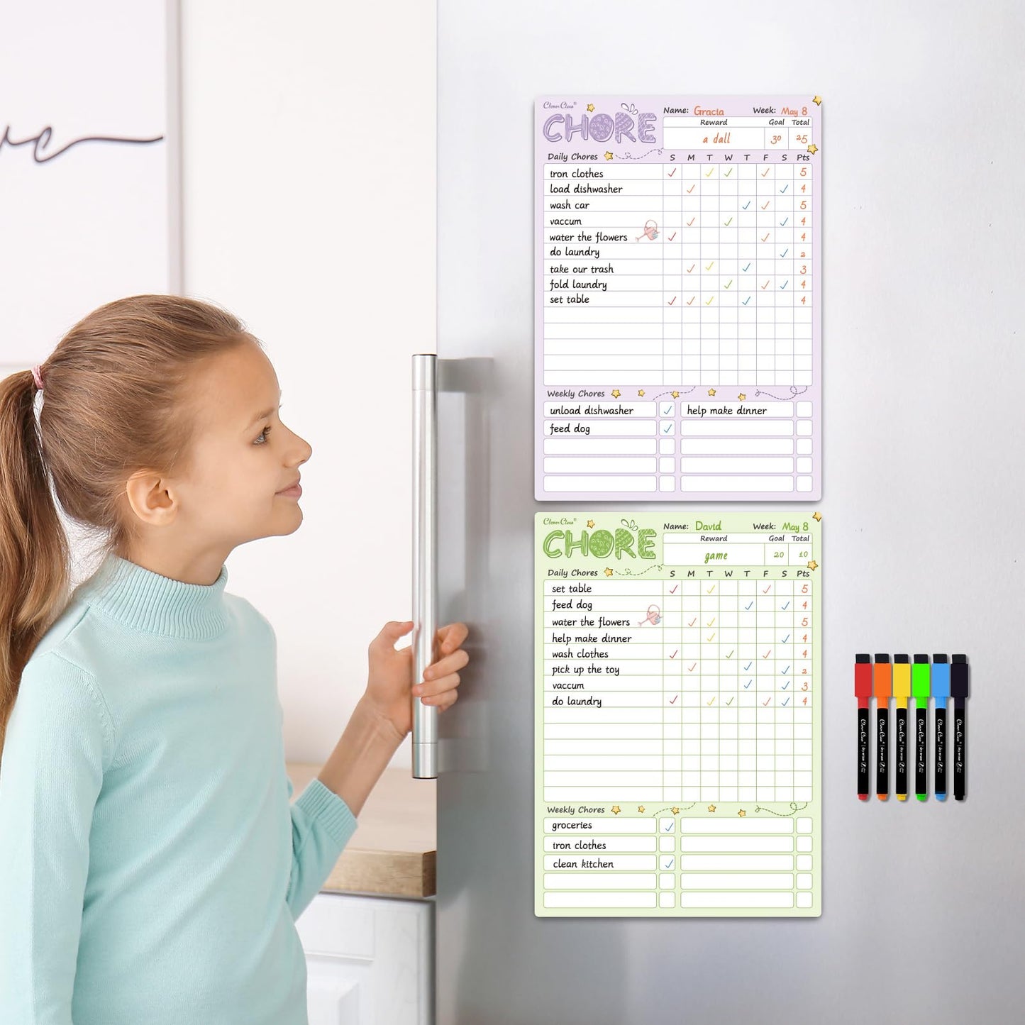 Magnetic Dry Erase Chore Chart - 8.5"x12" Behavior Responsibility Chore Board for Kids, Teenagers - 6 Extra Fine Point Markers Included - Shipped Flat 2 Pcs