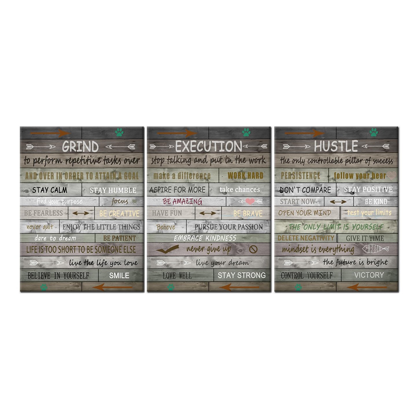 PSYYSP 3 Piece Canvas Wall Art Grind Execution Hustle Posters, Rustic Motivational Triptych Wall Decor for Office, Bedroom, Dorm, Business Workspace, Framed Canvas 36x16inch
