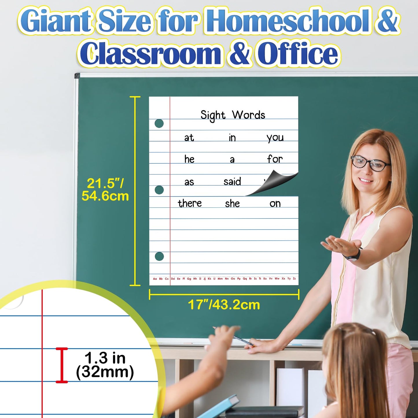 Aizweb Giant Magnetic Lined Notebook Paper,2 Dry Erase Sheets,Total Area 17" x 21.5",Handwriting Practice for Classroom Whiteboard,Chart Paper Teacher Must Have Homeschool Teaching Supplies