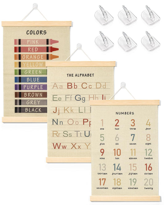 Forzacx Toddler Learning Posters 3-Pack 12x16 Inch, Wall Decor for Playroom & Nursery, Interactive Learning Posters with ABC, Numbers & Colors, Fun Classroom Decorations