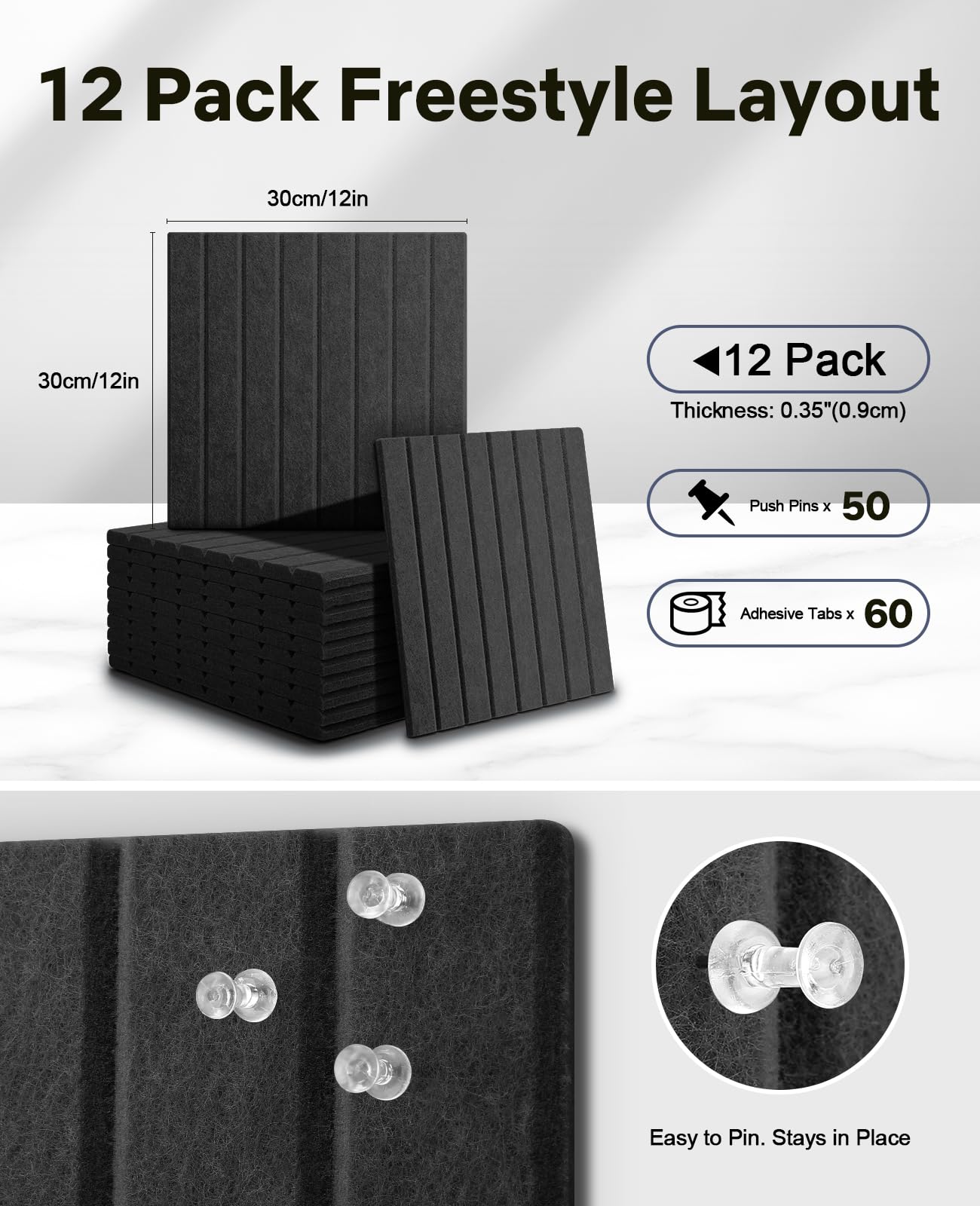 48" x 36" Large Cork Bulletin Board Tiles, Peel and Stick Felt Wall Panels for Vision, Message Center, Picture and Prayer Board for Office, Dorm, Room and Desk Decor(Black)