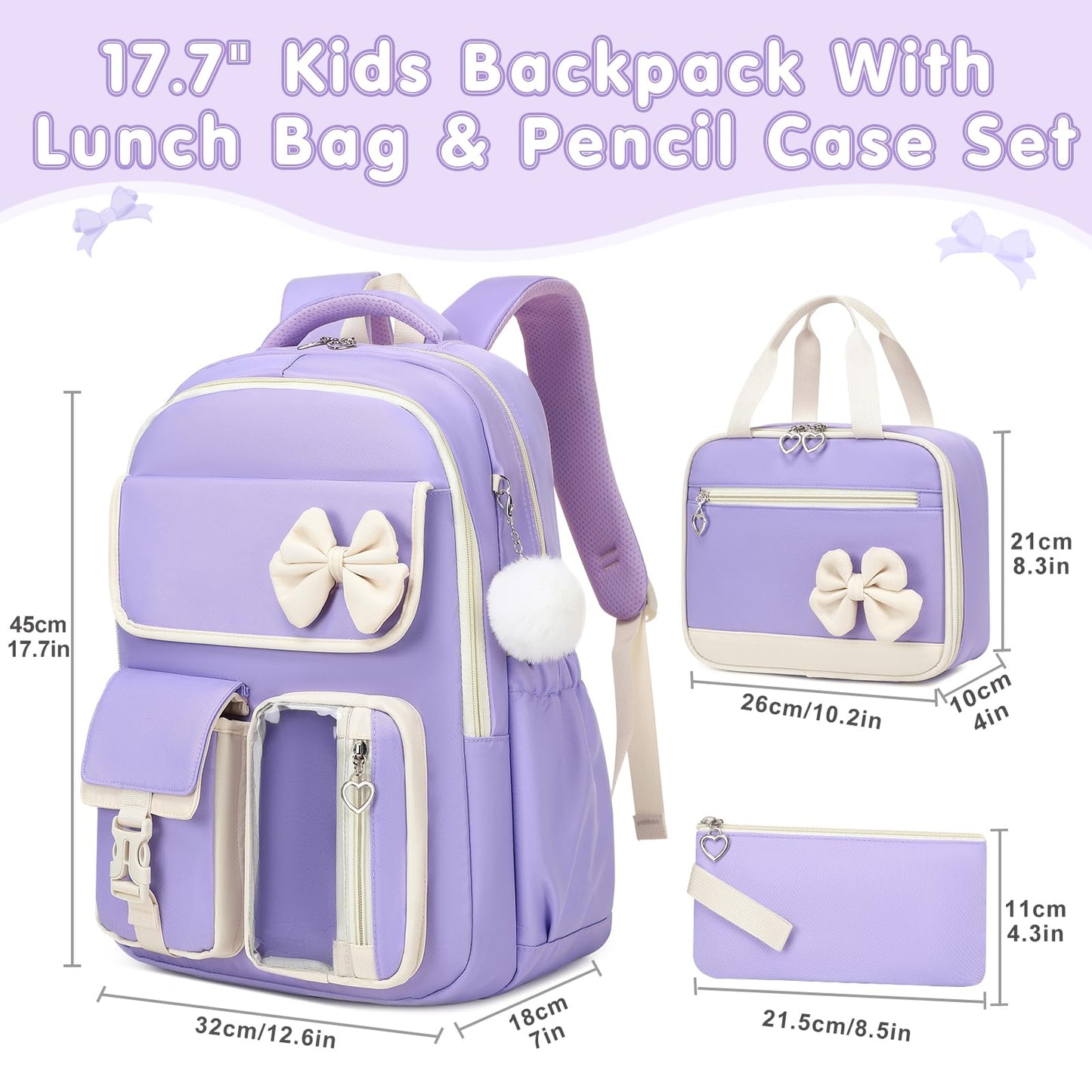 GeeWin Girls Backpack for School with Lunch Box & Pencil Case Set, 17 Inch Waterproof Cute Bow Girls Bookbag for Kids, Teens, Elementary Middle High College School Student (Purple/Beige)