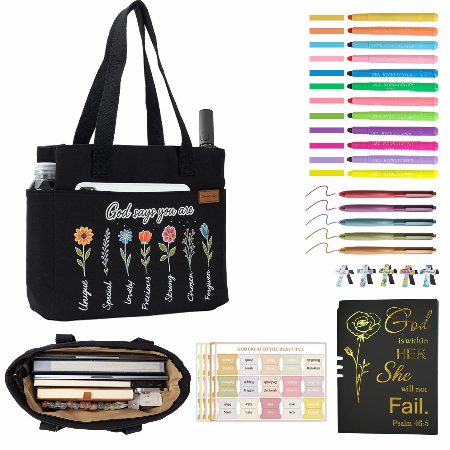 25 PCS Bible Study Supplies Kit, Large Capacity Canvas Tote Bag for Women Organizer, Bible Highlighters and Quick Dry Pens No Bleed Through, Notebook Bible Tabs Cross Bookmark Journaling Accessories