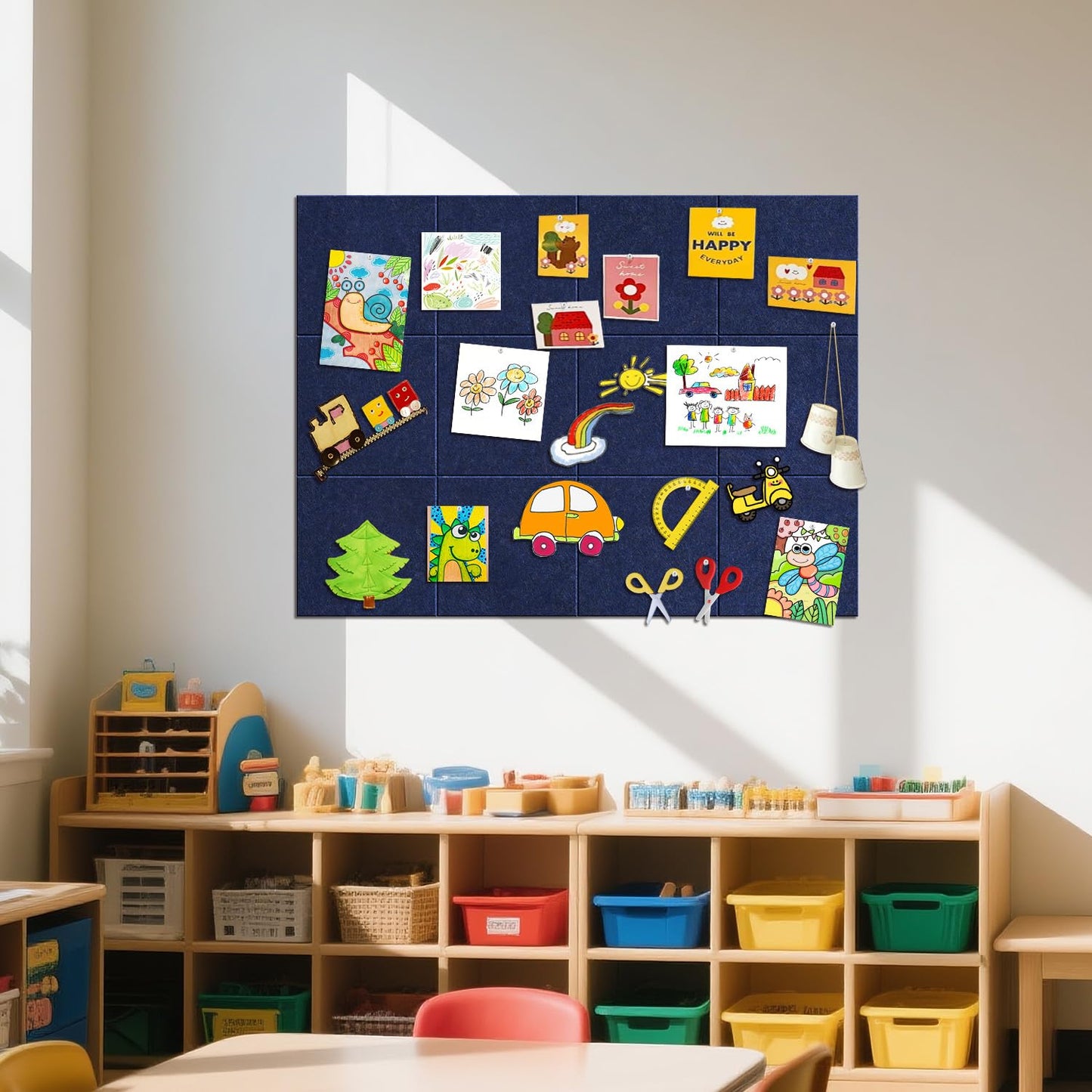 TSJOFFICE Large Cork Board for Wall - 48" x 36" Bulletin Board with 50 Pushpins for Office Decor, Pin Board 12 Pack Felt Wall Tiles with Safe Removable Adhesive Tabs, Corkboard for Home - Navy Blue