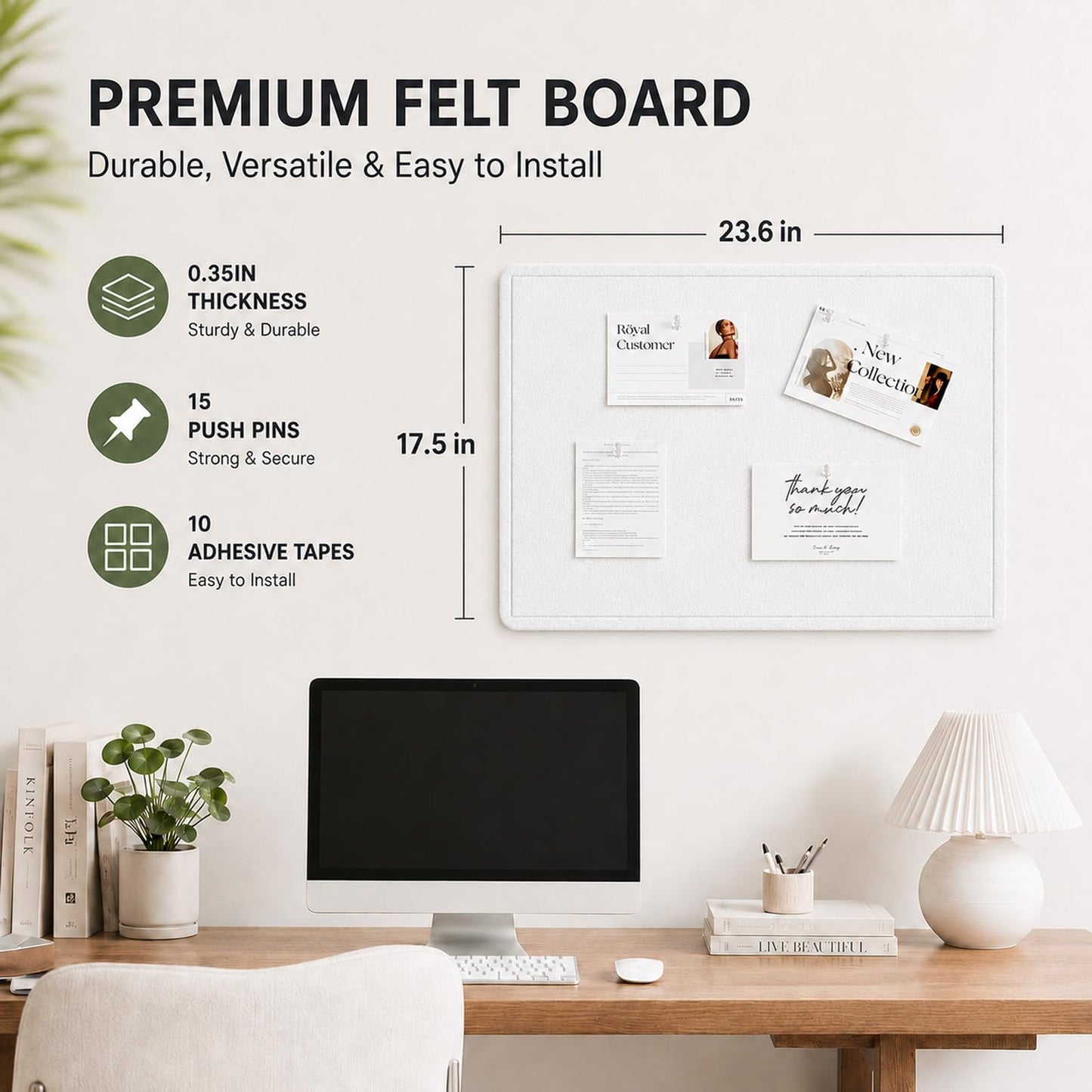 Felt Bulletin Board for Wall 24" x 18" Unfolded Size, Small Frameless Felt Pin Board, Soft Cork Board Alternative for Office, Home Planning, Notes, Photos & Wall Decor, Foldable Shipping, Easy Install