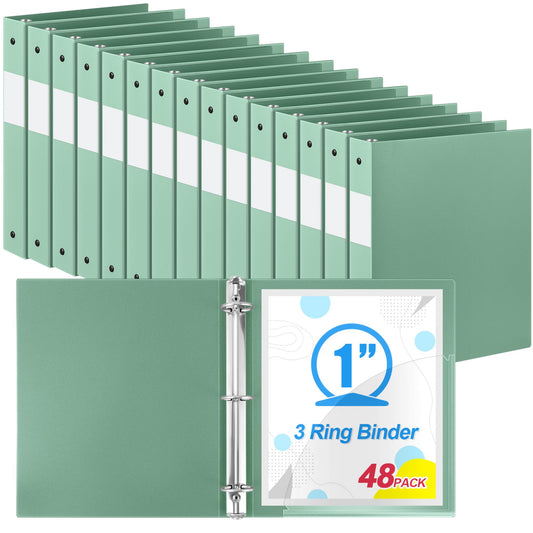 Henoyso 48 Pack 1 Inch 3 Ring Plastic Binders, Bulk Flexible PP Binders for Classroom & School Supplies, Letter Size 8.5 x 11, Holds 240 Sheets with Interior Pocket (Sage Green)