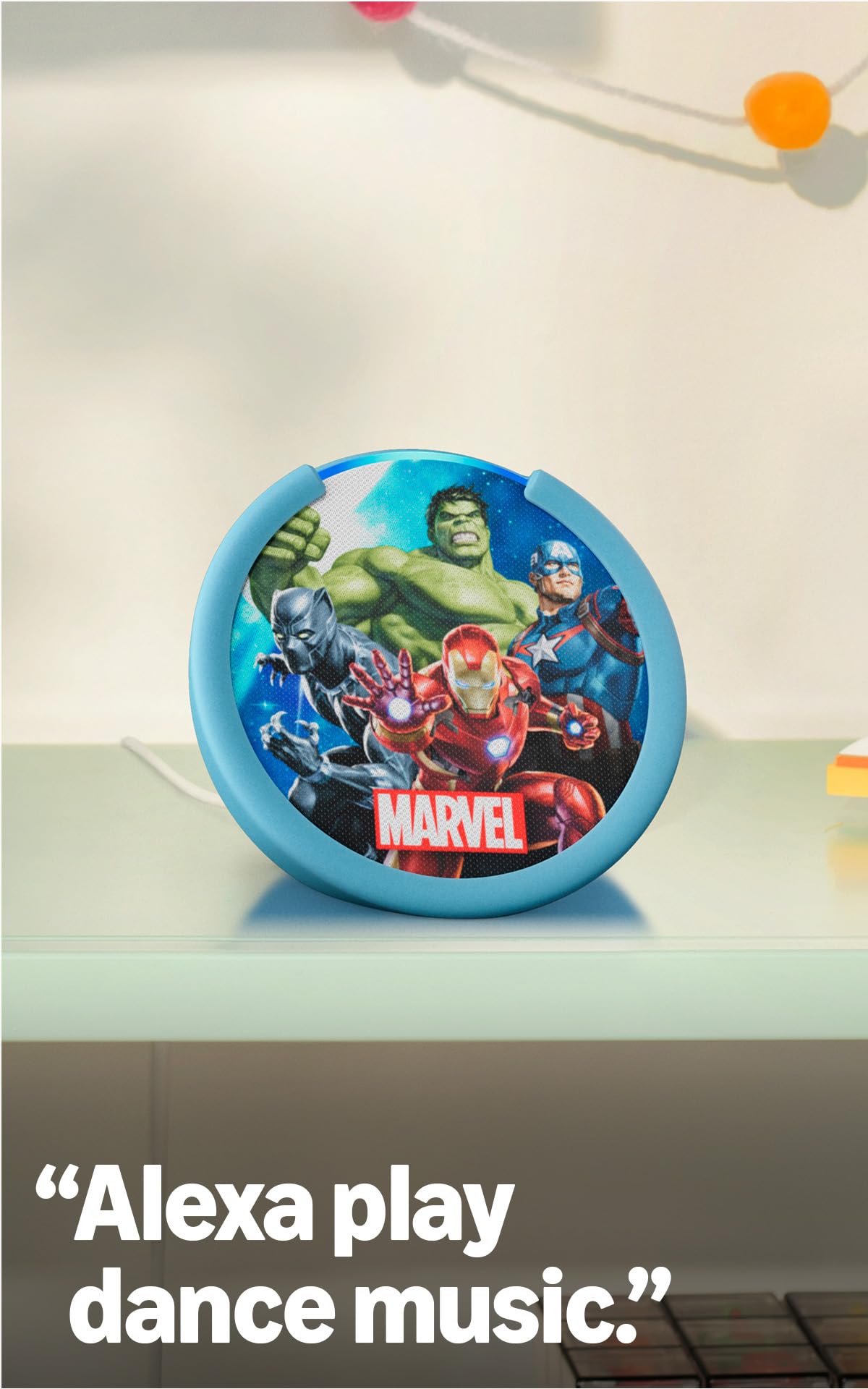Amazon Echo Pop Kids (newest model), Enjoy age-appropriate audiobooks, interactive games and Alexa+ experiences to create and learn, Marvel's Avengers design