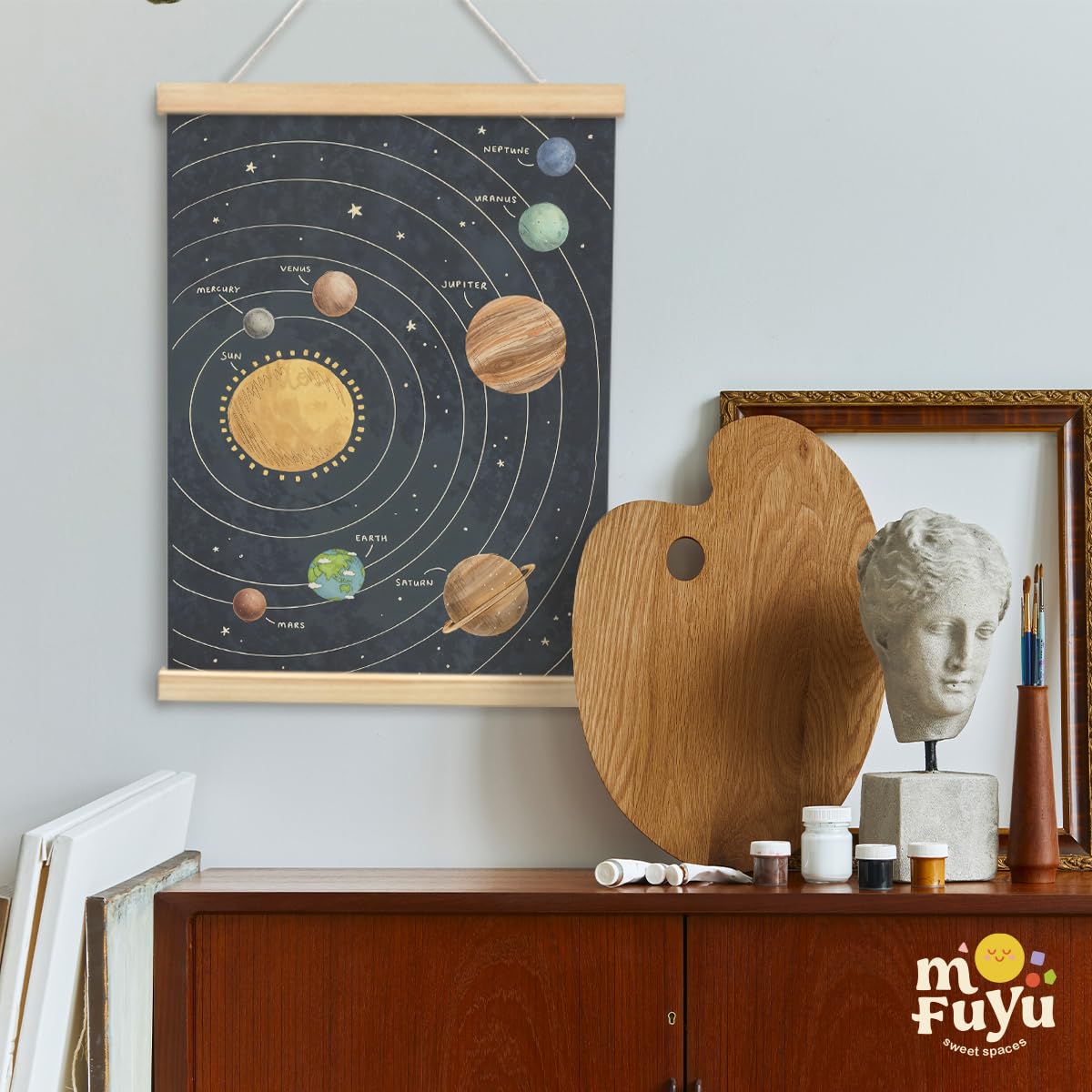 MOFUYU Solar System for Kids,Space Decor for Boys Room,Solar System Poster,Planet Solar System Poster Hanger Frame for Home Kids Room Homeschool 12x16 Inch